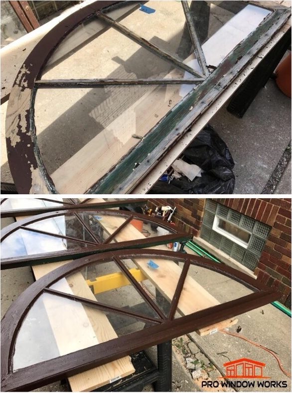 Before and after photos of arched wood window frames with peeling paint restored and refinished