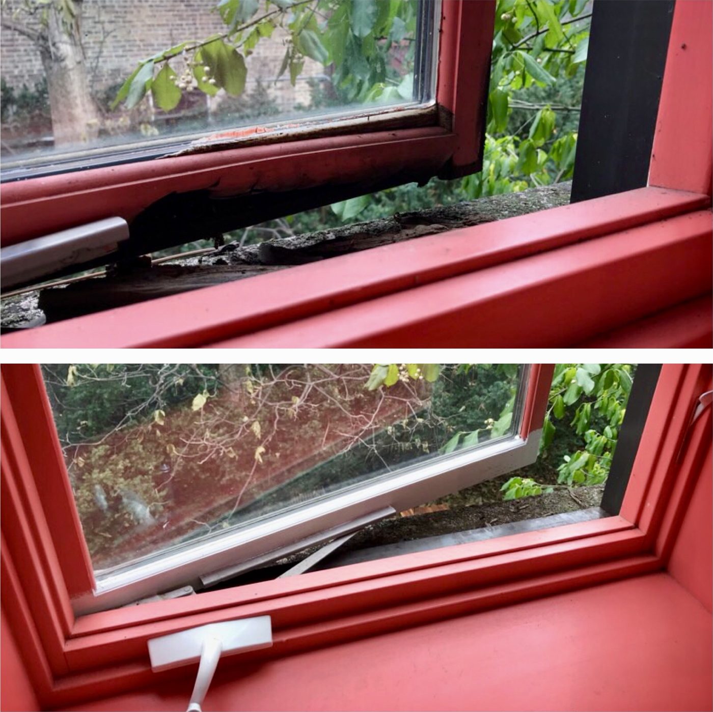 Before and after photos of a red casement window with a rotted sill repaired