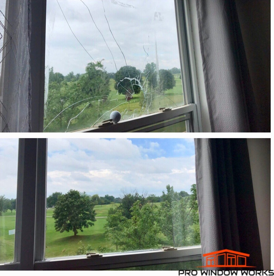 Before and after photos of a cracked double-hung window with the glass replaced