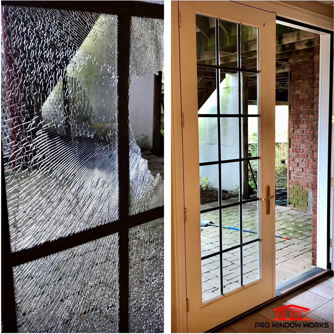 Before and after photos of a patio door with shattered glass replaced with new glass