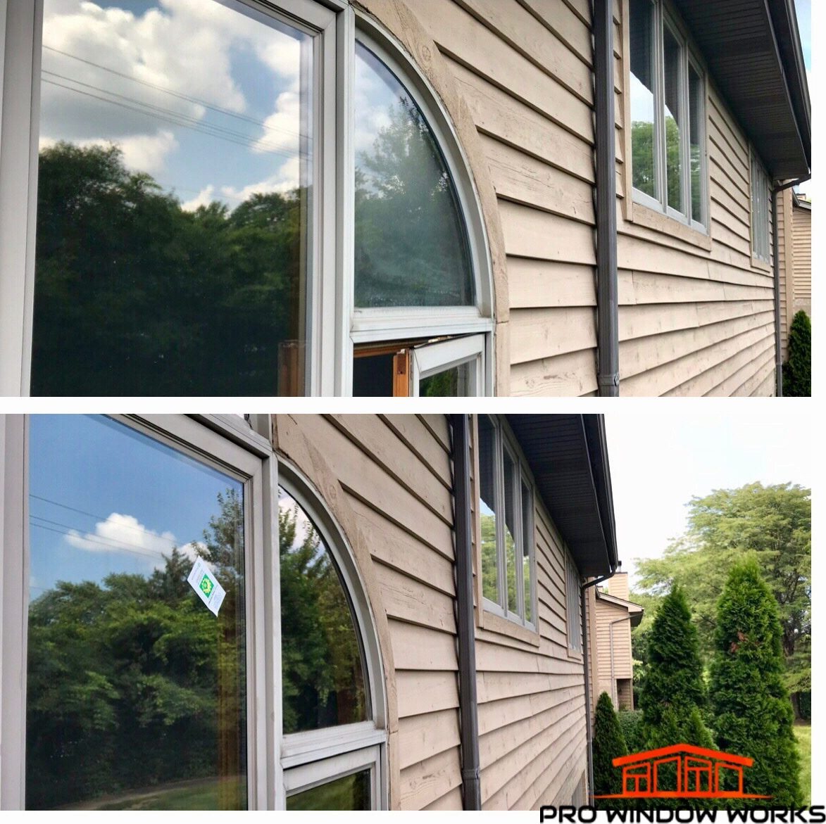 Before and after photos of exterior windows on a house with window glass replaced