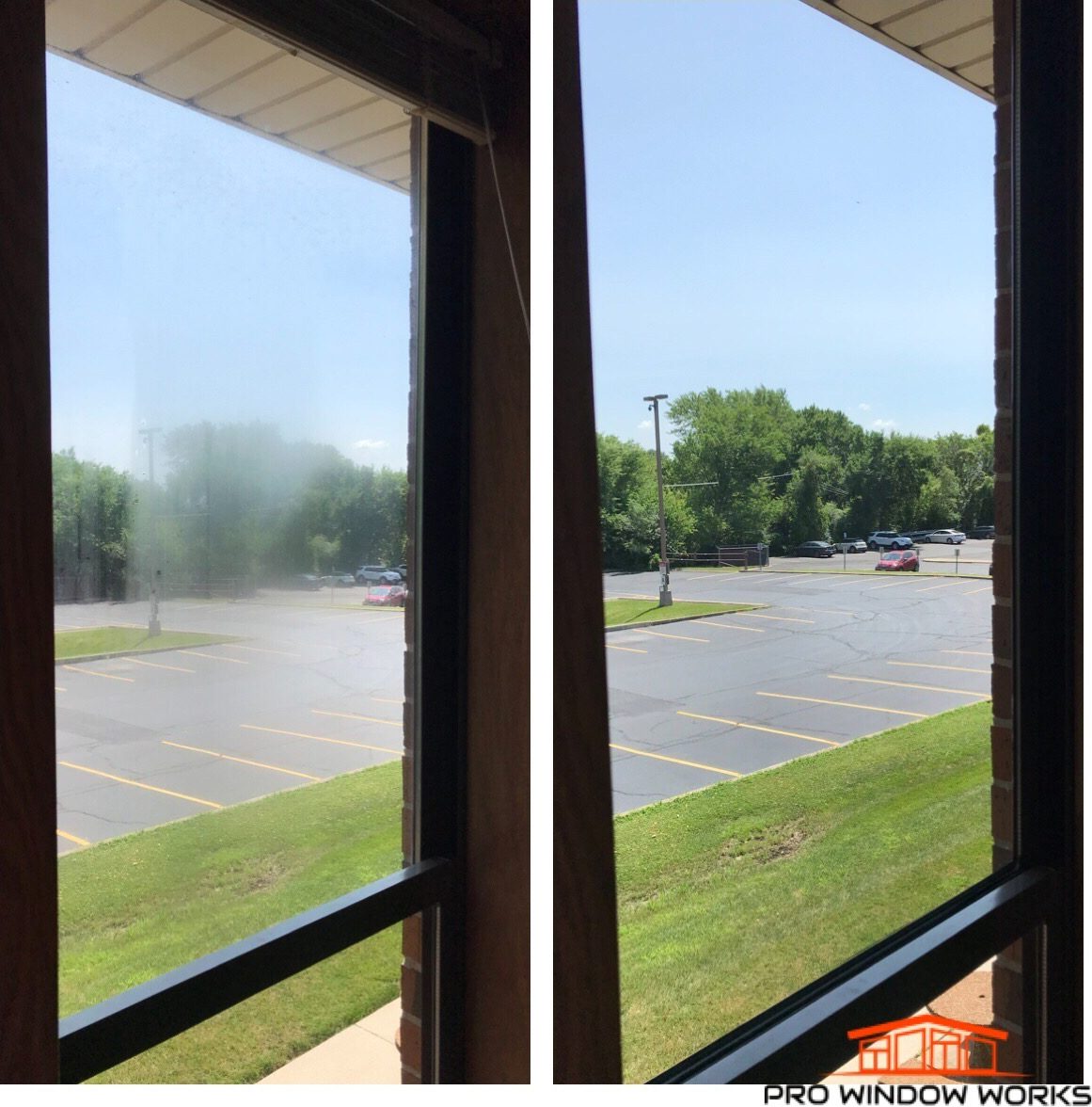 Before and after photos of a window with fogged glass and the same window with clear glass
