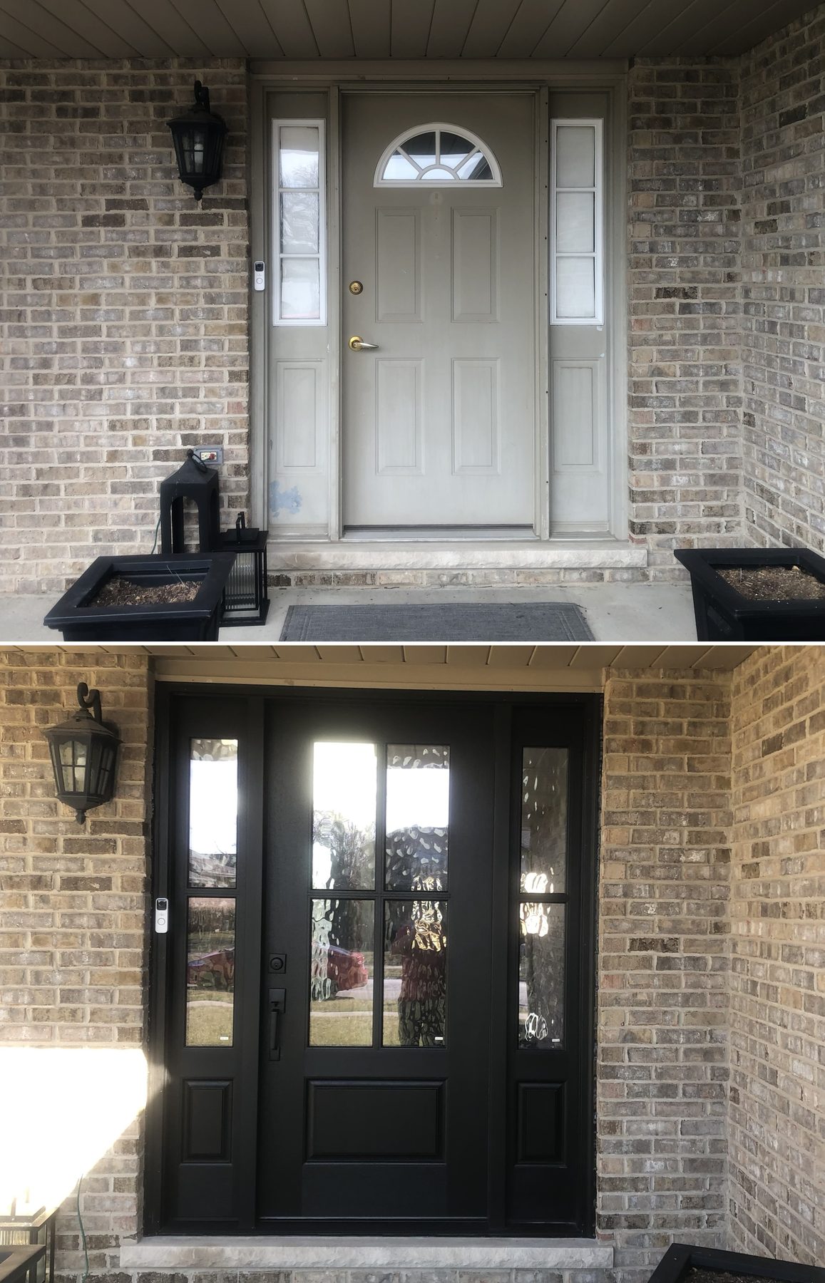 Before and after photos of a front entry door with sidelites replaced with a new black door with glass panels