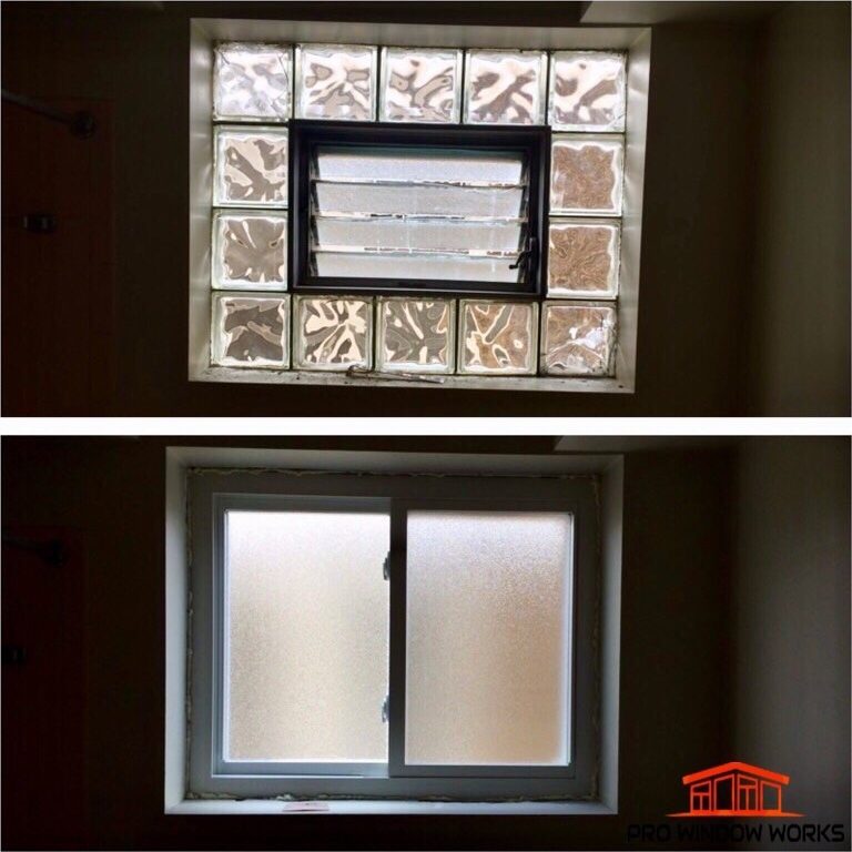 Before and after photos of a glass block window with a vent replaced by a new frosted sliding window
