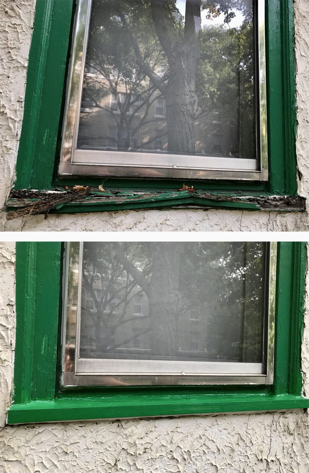 Before and after photos of a green window with a rotted sill repaired and repainted