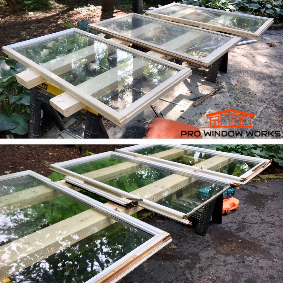 Before and after photos of three wood window sashes on sawhorses restored
