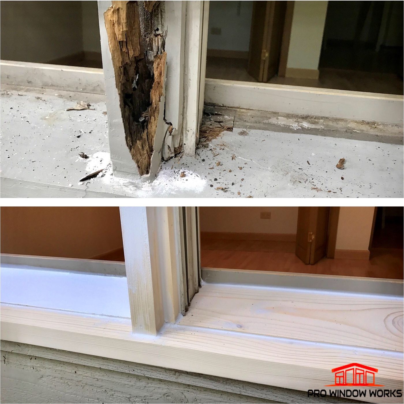 Before and after photos of a rotted wood window frame and sill repaired by PRO Window Works