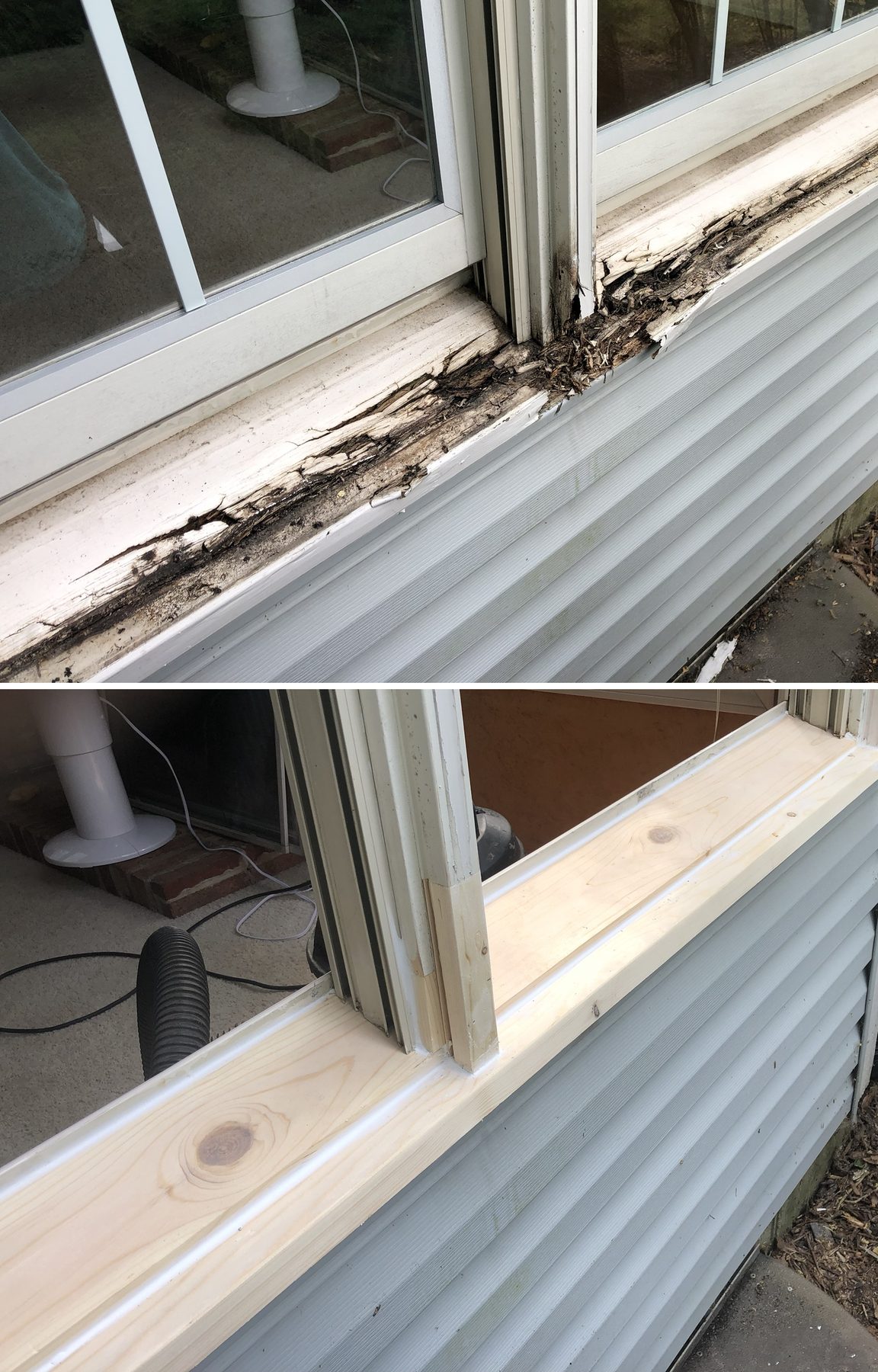 Before and after photos of a badly rotted window sill rebuilt with new wood
