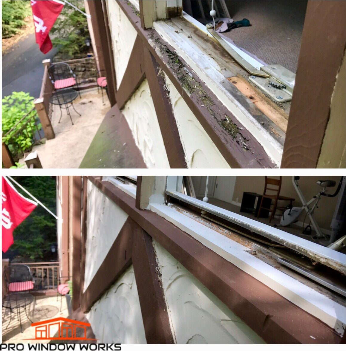 Before and after photos of a rotted window sill and frame repaired