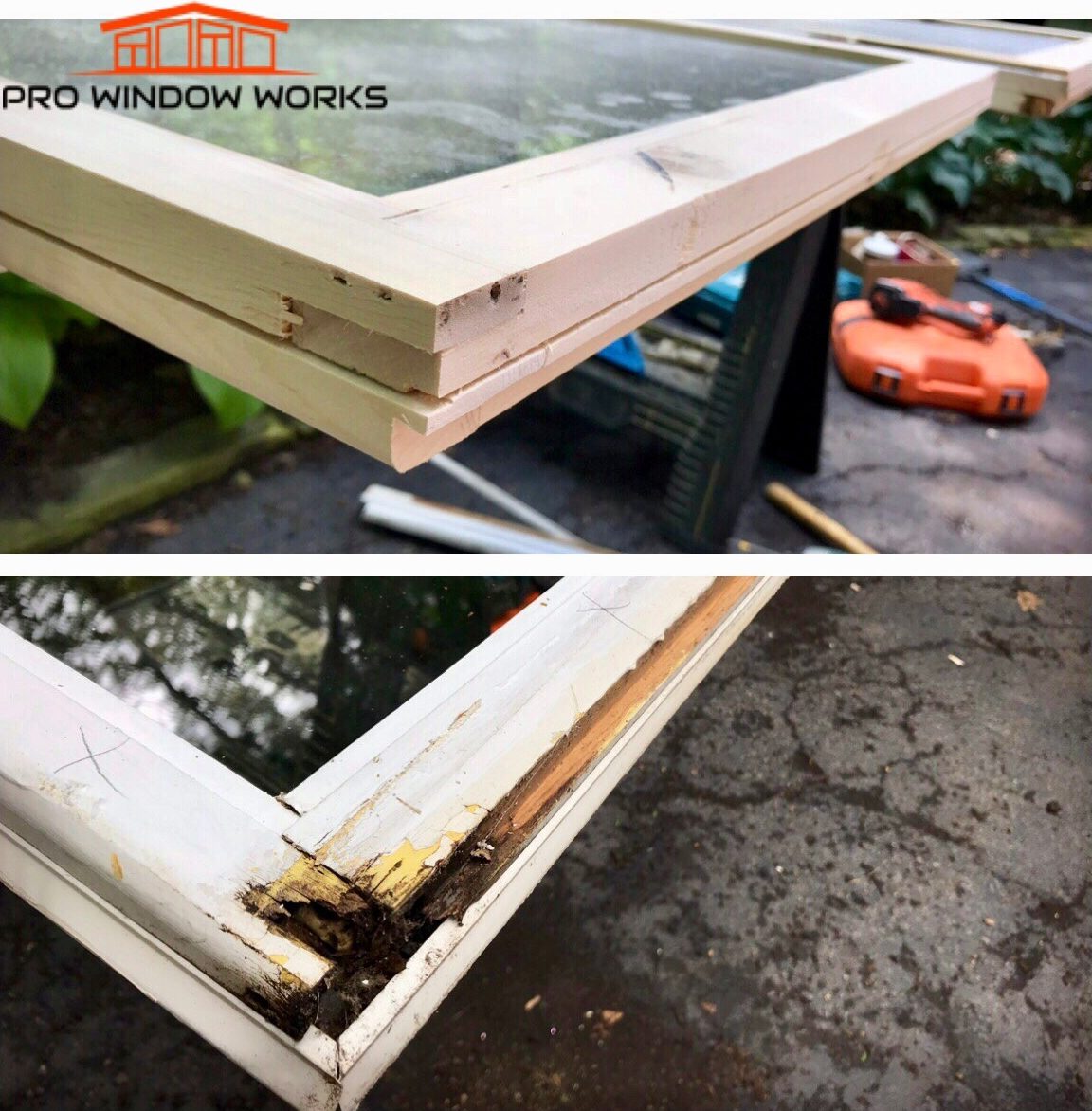 Before and after photos of a wood window sash corner with rot rebuilt using new wood