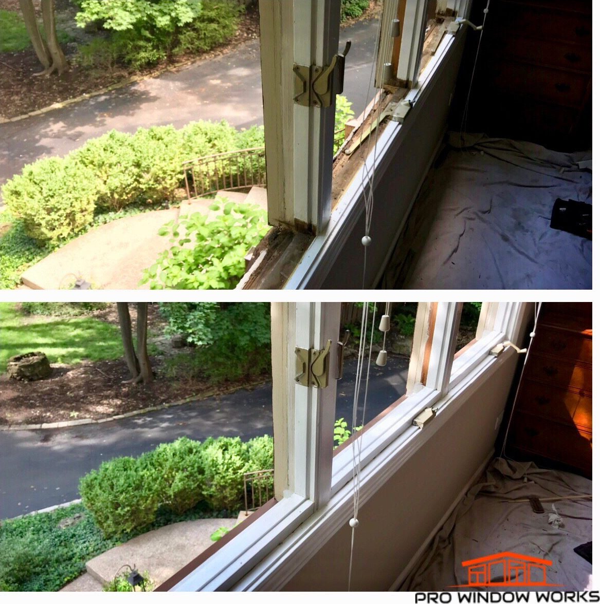 Before and after photos of a wood double-hung window with damaged wood repaired around the sash lock