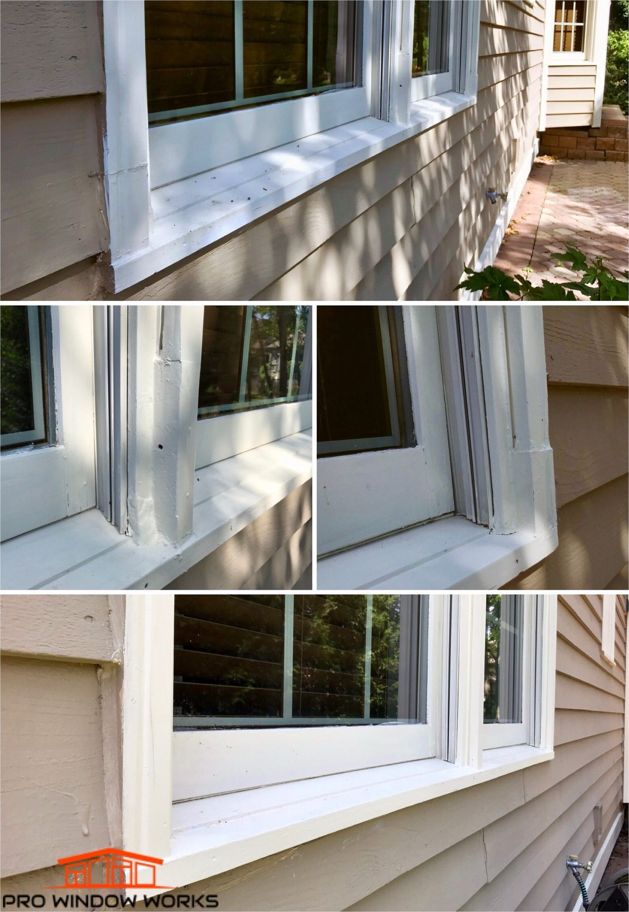 Before and after photos of exterior window sills and trim repaired and painted