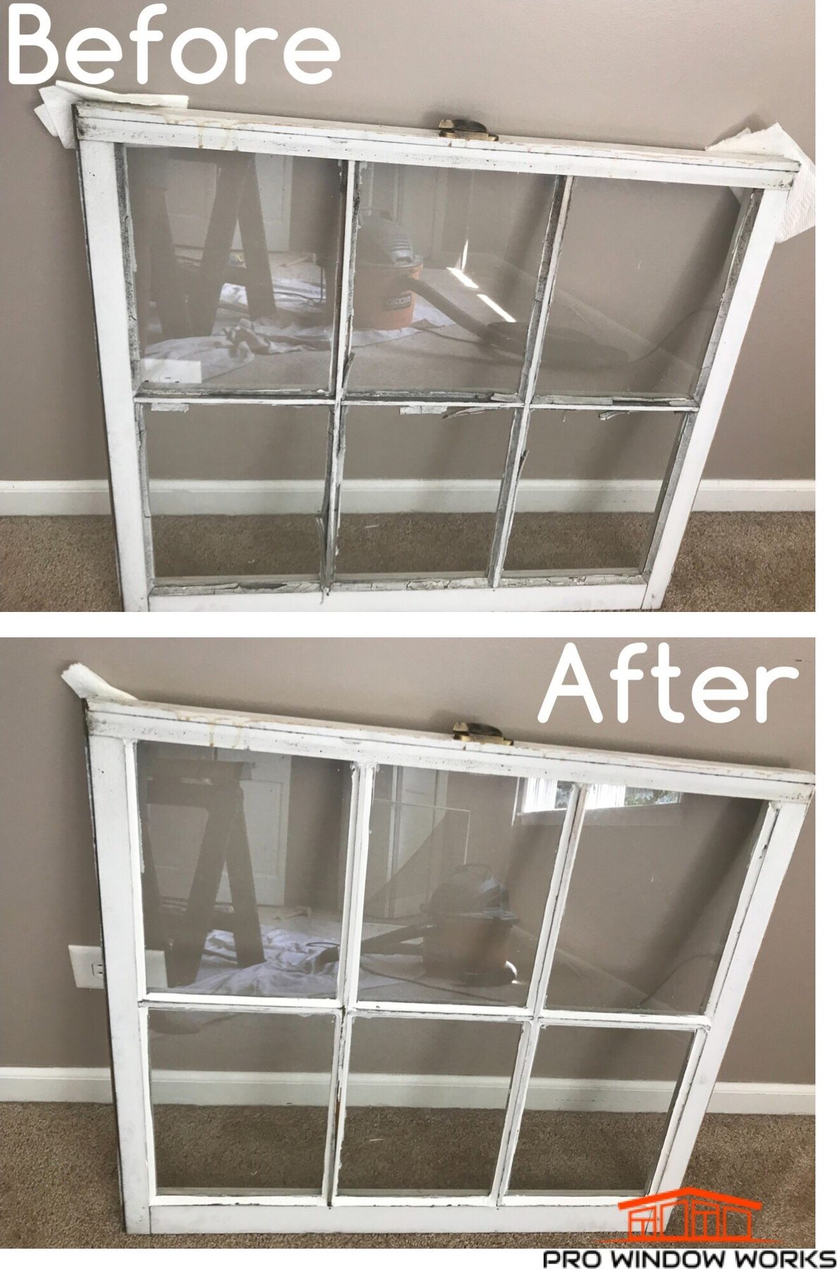 Before and after photos of a six-pane wood window sash cleaned and restored