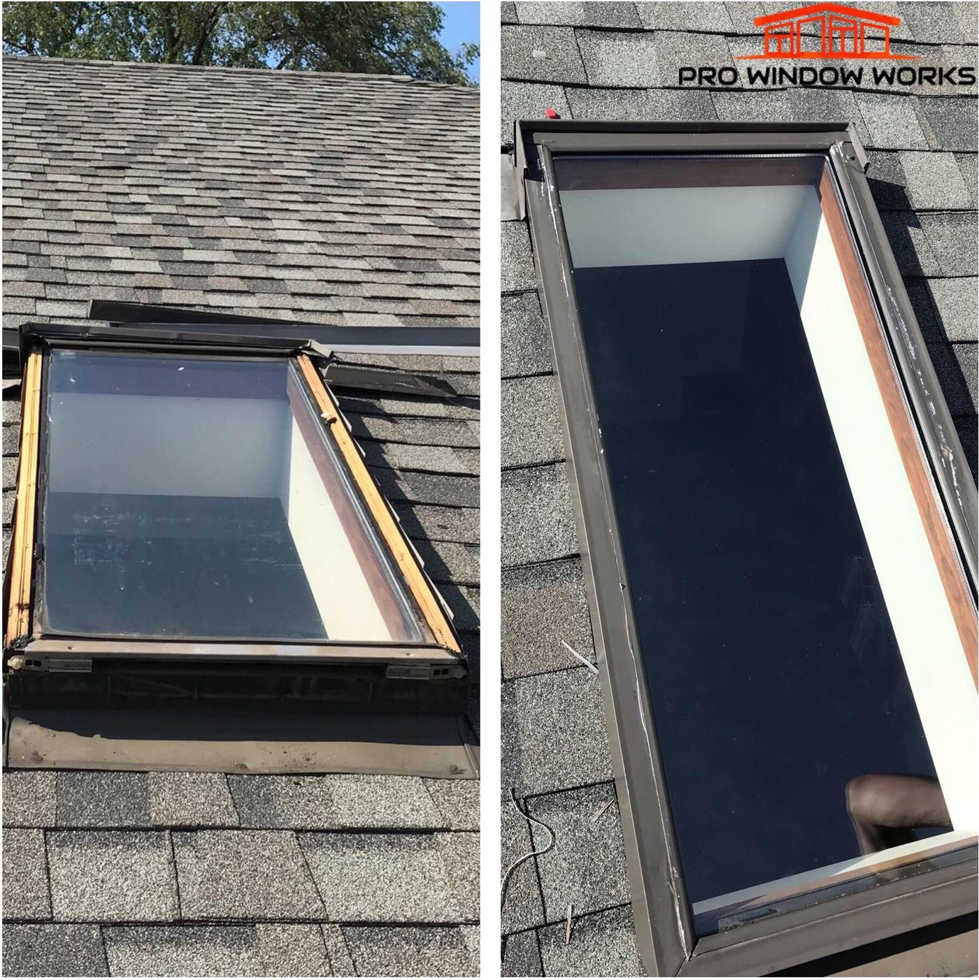 Before and after photos of a skylight replaced on an asphalt shingle roof