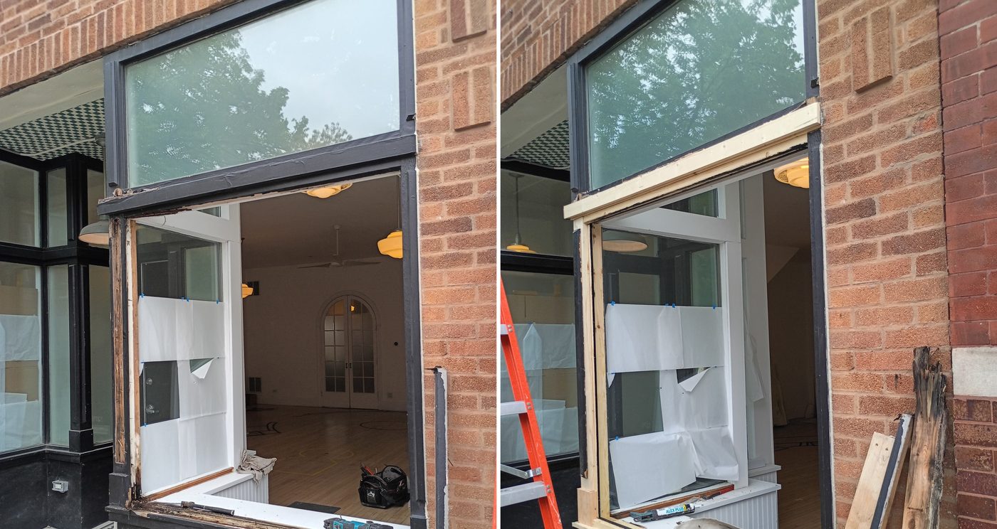 Before and after photos of a storefront window frame being rebuilt with new wood