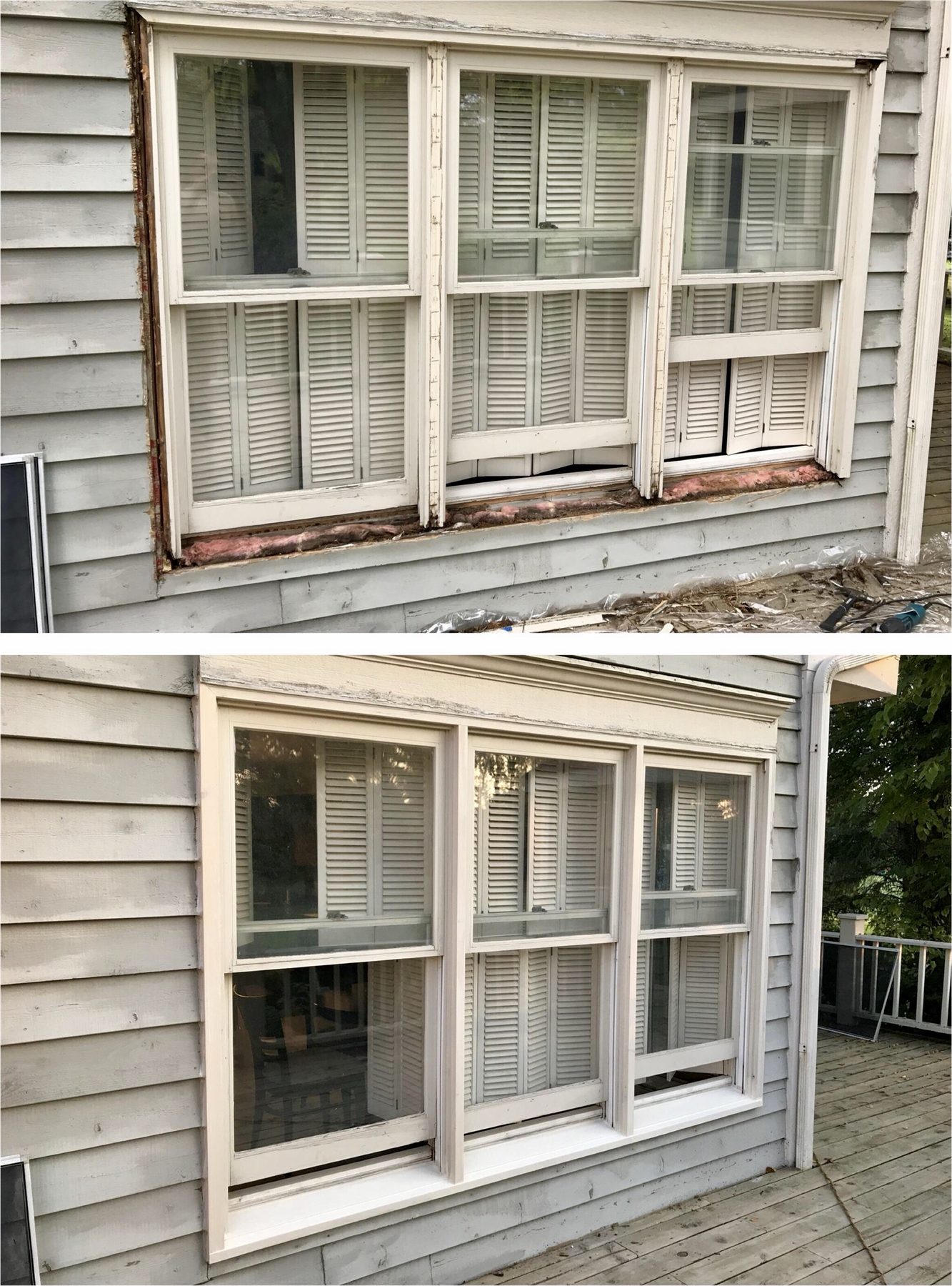 Before and after photos of a triple wood window with a rotted sill repaired