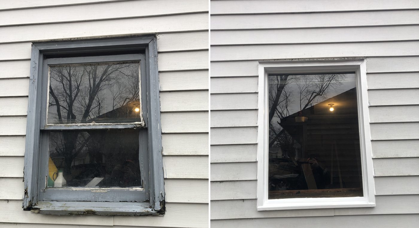Before and after photos of an old wood double-hung window replaced with a new white window in vinyl siding
