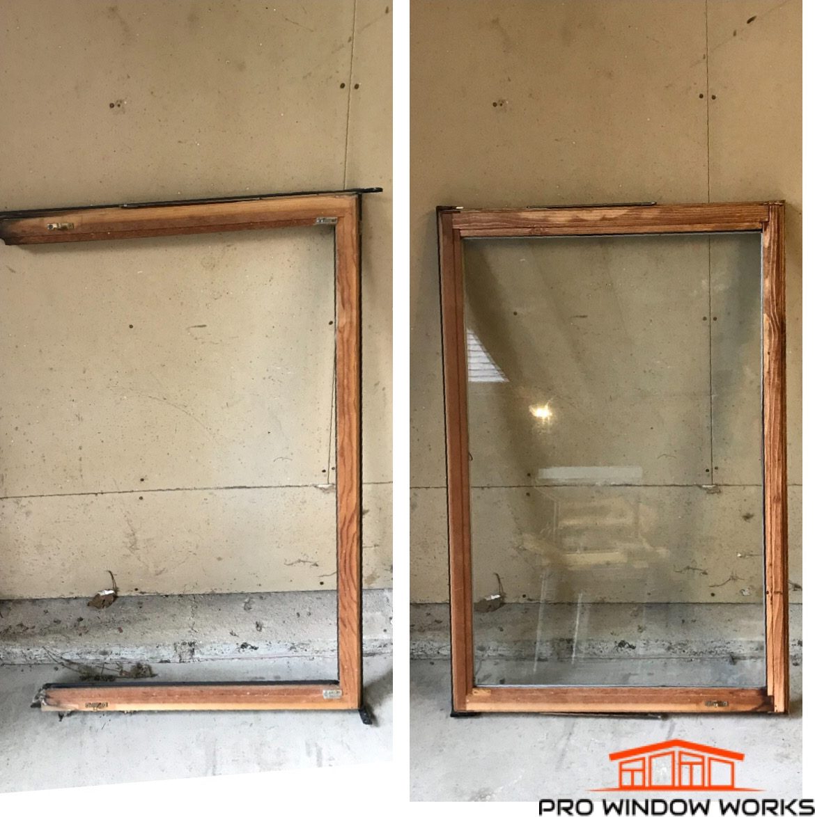 Before and after photos of a wood window sash frame with new glass installed